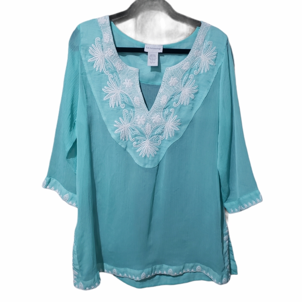 Soft Surroundings Size L Teal Embroidered Sheer Tunic Cover Up